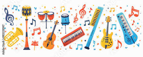 Musical instruments and music notes on a clean white surface. Vector flat isolated illustration.