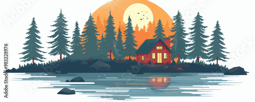 Serene lakeside cabin surrounded by pine trees. Vector flat minimalistic isolated illustration.