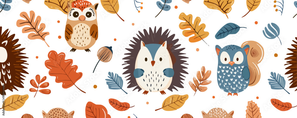 Obraz premium Cute forest critters like hedgehogs, owls, and squirrels with leaves and nuts, flat, vector illustration, seamless pattern background design.