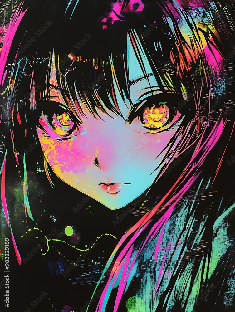 Naklejka premium Neon Anime Girl with Bright Colors and Detailed Expression