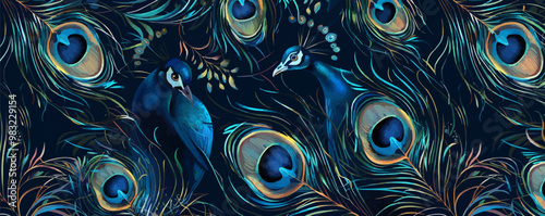 Elegant peacock feathers and florals seamless pattern background, luxurious and ornate designs, vector pattern.