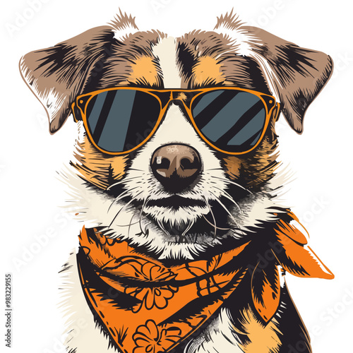 Cute dog wearing sunglasses and a bandana, playful and cool, vector illustration for t-shirt, flat style.