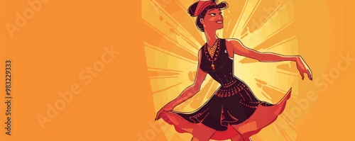 Elegant pin-up flapper girl in a 1920s dress, dancing the Charleston, flat, vector illustration, pin-up style.