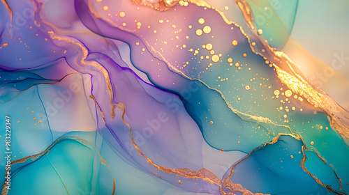Colorful abstract marble ink artwork with vibrant swirls and gold accents