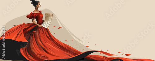 Elegant pin-up opera singer in a flowing gown, holding sheet music, flat, vector illustration, pin-up style.