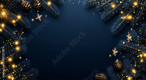 Festive winter decoration with pine branches, golden lights, and decorations ...