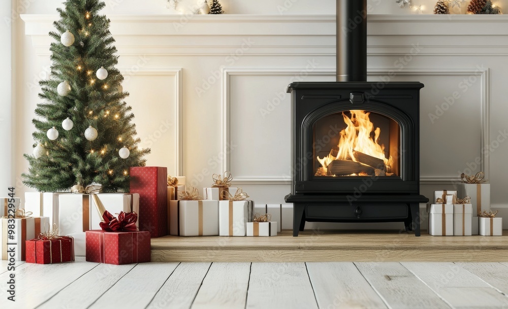 Cozy Christmas setting with decorated tree and glowing fireplace in a festive living room Cozy Christmas setting with decorated tree and glowing fireplace in a festive living room