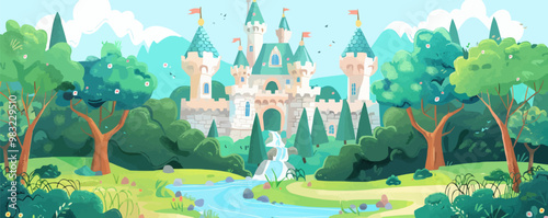 Enchanted fairy tale castle with tall towers, a surrounding forest, and a flowing river, flat, vector illustration in watercolor style.