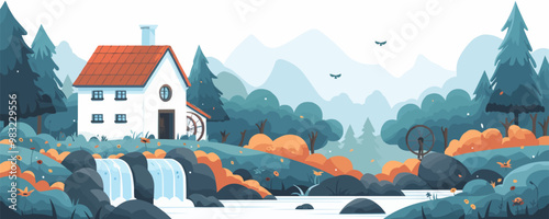 A serene countryside mill with a waterwheel turning in a stream. Vector flat minimalistic isolated illustration.