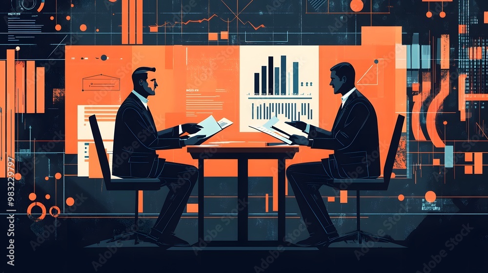 Vector illustration of two businessmen sitting at a table and talking Vector illustration of two businessmen sitting at a table and talking