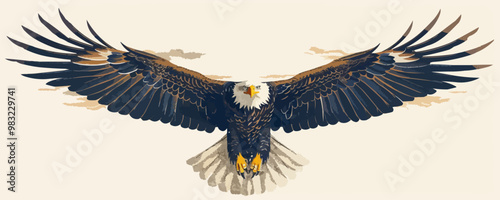 A majestic eagle soaring through the air with its wings outstretched, representing freedom and power on a white background. Vector flat minimalistic isolated illustration.
