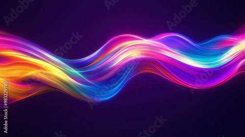 Flowing, soft rainbow-colored lines moving across a dark purple background, creating a smooth, abstract design.