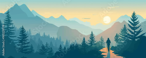 Serene mountain landscape with a winding hiking trail. Vector flat minimalistic isolated illustration.