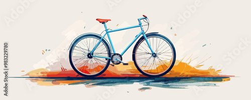 A bicycle with a frame, wheels, and handlebars, leaning against a white background. Vector flat minimalistic isolated illustration.