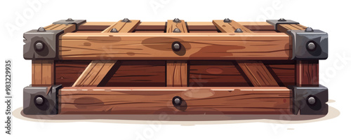 Classic wooden crate with metal hardware and slats Vector flat minimalistic isolated illustration