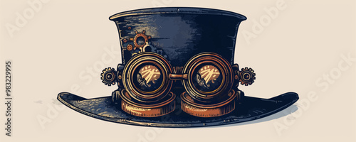 Steampunk top hat adorned with gears and goggles Vector flat minimalistic isolated illustration