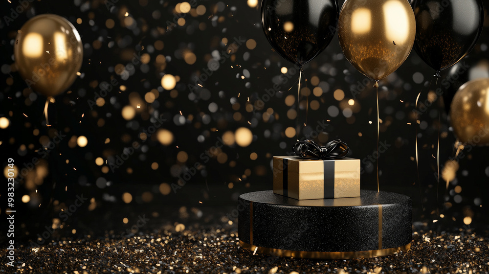 A black and gold podium with metallic balloons floating above, a festive gift box, and confetti scattered around the base for a luxurious New Year’s Eve display. A black and gold podium with metallic balloons floating above, a festive gift box, and confetti scattered around the base for a luxurious New Year’s Eve display.