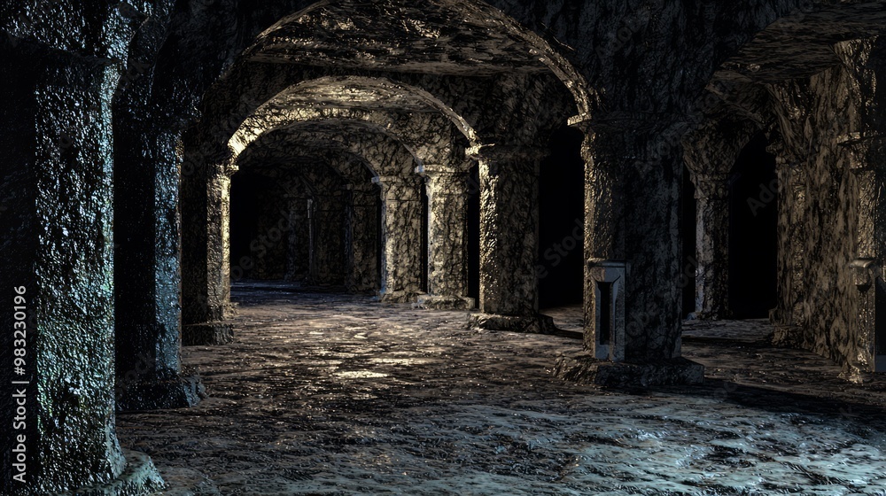 Mysterious Catacomb: 3D Render of Ancient Dungeon with Elaborate Burial Sites, Eerie Shadows, and Distant Whispers Mysterious Catacomb: 3D Render of Ancient Dungeon with Elaborate Burial Sites, Eerie Shadows, and Distant Whispers