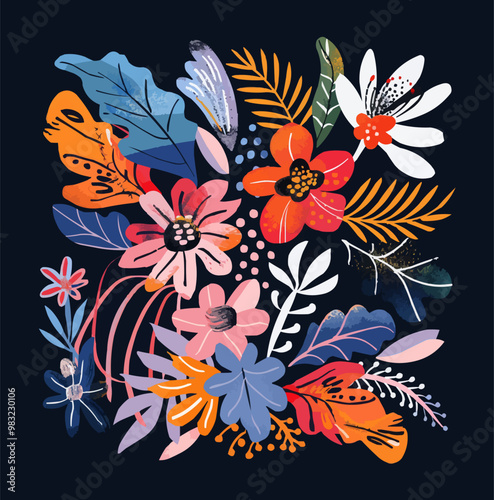 Abstract floral design with bold blooms and vibrant foliage, nature inspired, vector illustration for t-shirt, flat style.