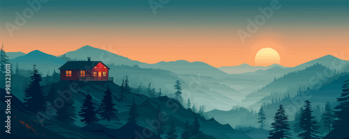 A serene mountaintop retreat with panoramic views of the landscape. Vector flat minimalistic isolated illustration.