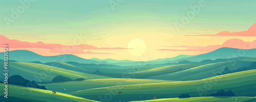A peaceful countryside landscape with rolling hills and grazing livestock. Vector flat minimalistic isolated illustration.