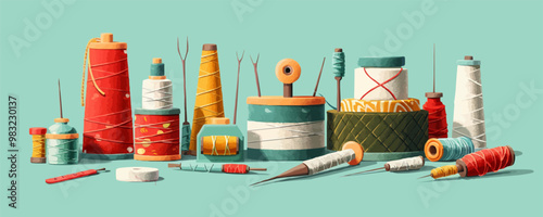 Vintage sewing kit with needles and thread Vector flat minimalistic isolated illustration