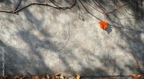 A solitary red maple leaf clings to a sunlit wall on a crisp autumn day in Oc...