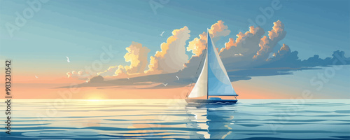 Sailboat sailing on calm waters. Vector flat minimalistic isolated illustration.