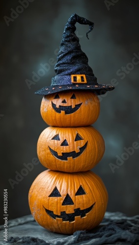 Two stacked Halloween pumpkins wearing a witch hat on a rustic wooden backgro...