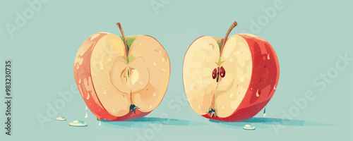 An apple cut in half with a water droplet on the cut. Vector flat minimalistic isolated illustration.
