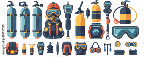 Vintage scuba diving gear with mask and oxygen tank Vector flat minimalistic isolated illustration
