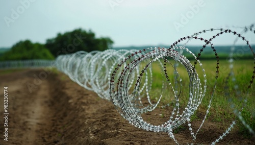Barbed wire fencing along a dirt path in an open field under a clear sky