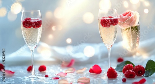 Elegant celebration with sparkling drinks and roses on a softly lit table