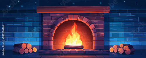 Cozy fireplace with crackling flames Vector flat minimalistic isolated illustration