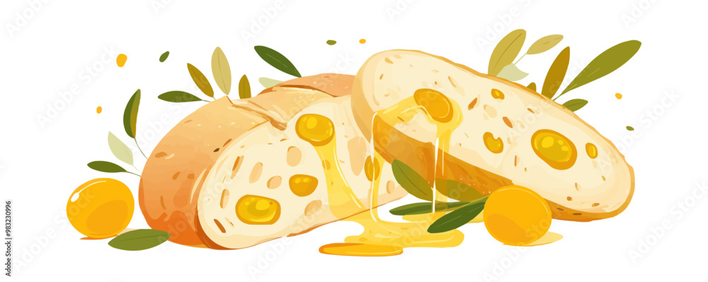 Ciabatta bread with olive oil drizzle, Vector flat minimalistic isolated illustration Ciabatta bread with olive oil drizzle, Vector flat minimalistic isolated illustration