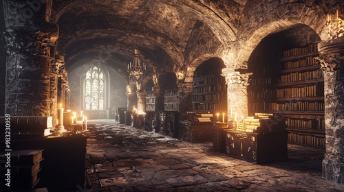 Mysterious Ancient Library: A 3D Render of Creepy Dungeon Atmosphere with Dusty Tomes and Flickering Candlelight