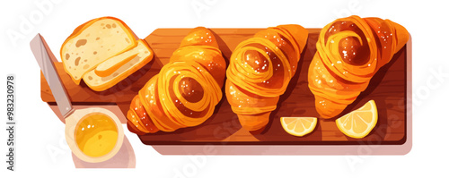 Chocolate croissants on a wooden board, French bakery treat vector flat minimalistic isolated illustration