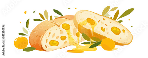 Ciabatta bread with olive oil drizzle, Vector flat minimalistic isolated illustration