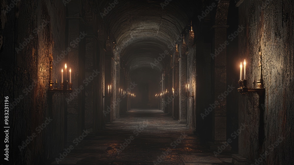 Obraz premium Haunting 3D Visualization of a Dark Corridor with Flickering Torches and Eerie Shadows