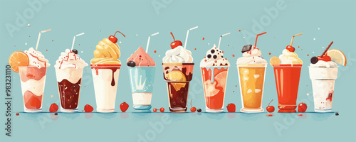 Vintage soda fountain with fizzy drinks and ice cream sundaes Vector flat minimalistic isolated illustration