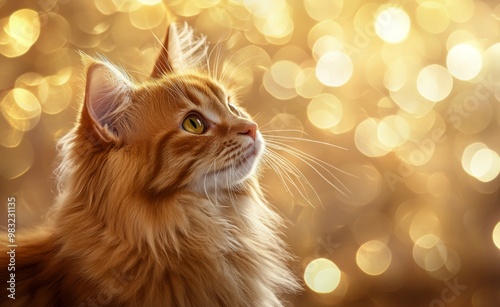 Orange tabby cat gazing thoughtfully amidst a warm sunset background in a ser...