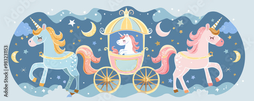 Whimsical fairytale carriage pulled by unicorns Vector flat minimalistic isolated illustration