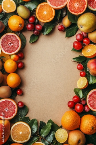 Fresh oranges, apples, and raspberries arranged artfully on a marble countert...