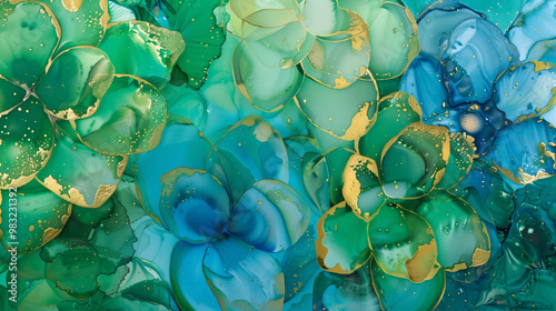 Vibrant green and blue marble ink background with golden floral accents and abstract patterns