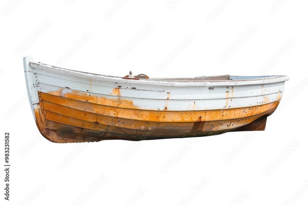 A white and orange boat sits on the shore of a sandy beach, ready for its next adventure A white and orange boat sits on the shore of a sandy beach, ready for its next adventure