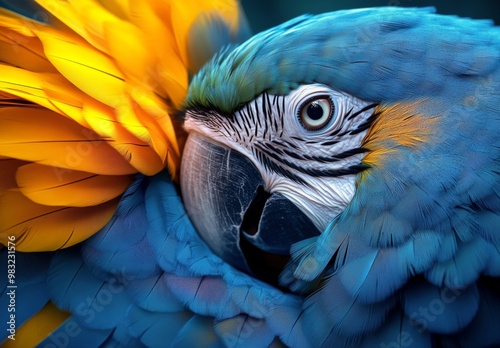 Vibrant blue and yellow macaw perched amidst bright tropical foliage in a lus...