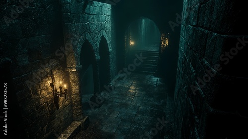 Eerie 3D Dungeon of Dark Artifacts and Flickering Lights - Explore the Shadows of Mystery and Danger