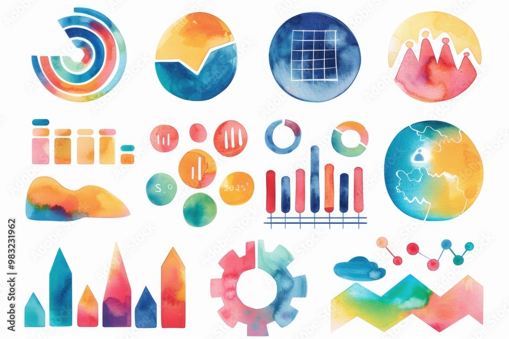 Obraz premium A set of watercolor design elements on a white background, suitable for various graphic and digital designs