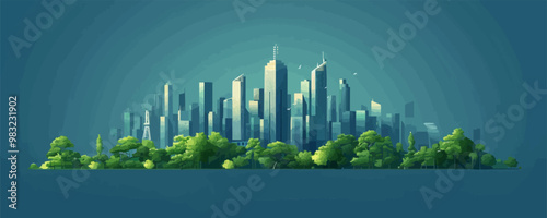 Utopian cityscape of gleaming skyscrapers and verdant green spaces. Vector flat minimalistic isolated illustration.