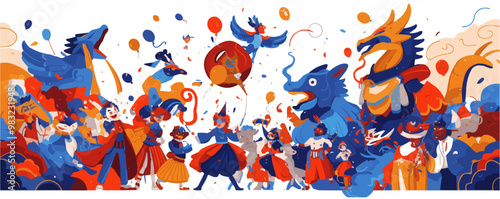 Colorful carnival procession with masks and costumes. Vector flat minimalistic isolated illustration.